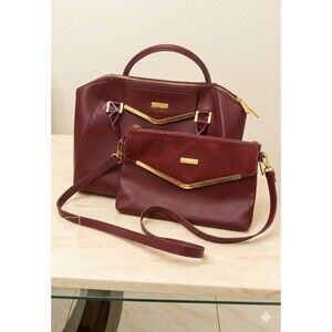 Joy & Iman Burgundy Structured Satchel Bag + Matching Clutch Set Faux Leather Ex